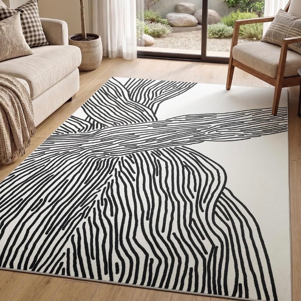 YIHOUSE 5x7ft Abstract Washable Area Rug Modern Black White Striped Non-Slip